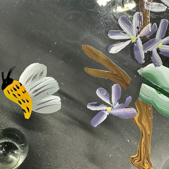 Hand Painted Glass Plate Bees Purple Flowers Decorative Floral Botanical Footed - Picture 6 of 9